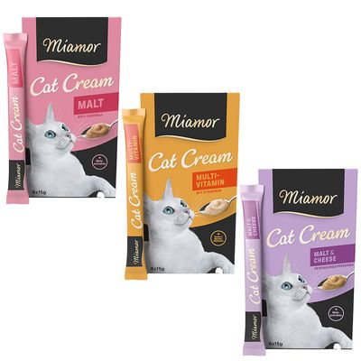 Miamor Cat Cream macska snack, háromféle: Malt, Multi-Vitamin, Malt & Cheese. Mindegyik dobozon 6×15g, narancssárga körben: Próbálja ki!