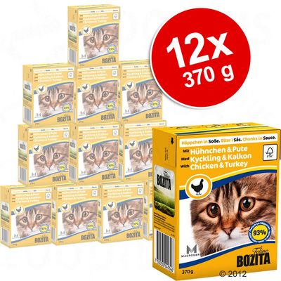 Bozita Feline hrana za mačke, 12 x 370 g, piletina i puretina. Na pakiranju piše 'Chunks in Sauce' i '93% životinjskih proteina'. Prikazana žuta ambalaža s licem mačke.