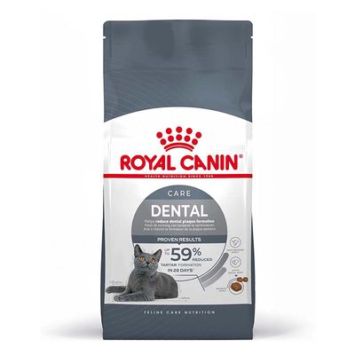 Dental food packaging with text: helps reduce tartar formation, up to 59% reduced tartar formation in 28 days. Includes image of a kibble piece and a tooth graphic.