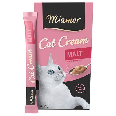 Miamor Cat Cream Malt Anti-Hairball, 6x15g maláta kivonattal. A csomagoláson fehér macska és kanálon krém látható.