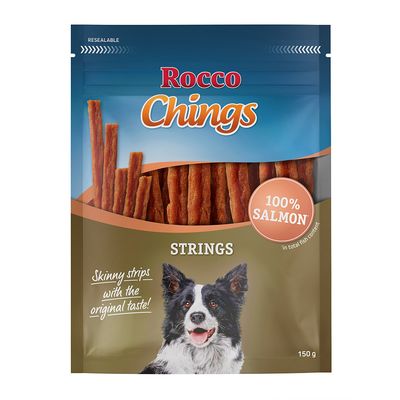 Rocco Chings Strings, 100% pulyka, vékony csíkok eredeti ízzel, 200 g, csomagolás kutyaképpel.