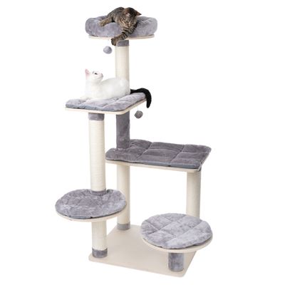 Cat tree with multiple levels, grey padded resting areas and sisal posts. Two cats are lying on different platforms.
