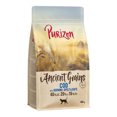 Purizon Ancient Grains Cod with Herring, Spelt & Oats, 6,5 kg. Skład: 65 % ryby i składniki rybne, 20 % zboża, 15 % warzywa. Dla kota. Tekst: Wartościowe zboża.