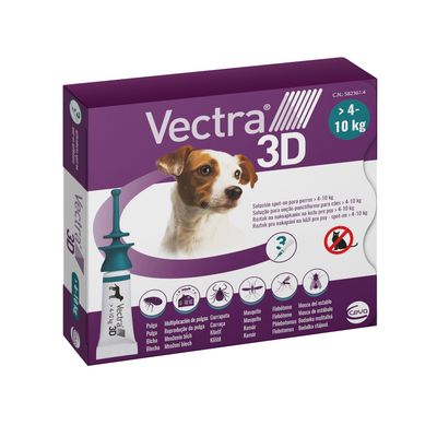 Vectra 3D solución spot-on para perros de 4-10 kg. Protección contra pulgas, garrapatas, mosquitos y flebótomos. No apto para gatos.