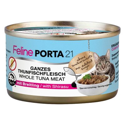 Feline Porta 21 carne de pollo fina, pura. Sin azúcares añadidos. Sugerencia de presentación con cuenco de pollo y gato.