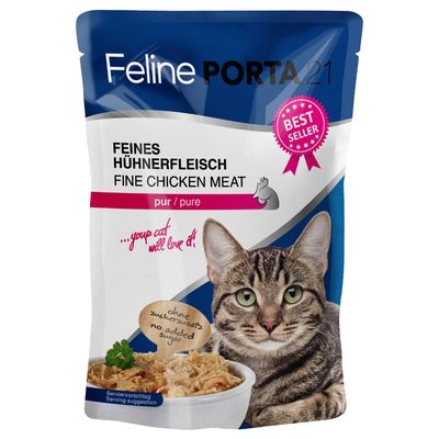 Feline Porta 21 fino pileće meso, čisto. Bez dodatka šećera. Prijedlog serviranja: zdjelica s pilećim mesom. Vidljiva oznaka Best Seller.