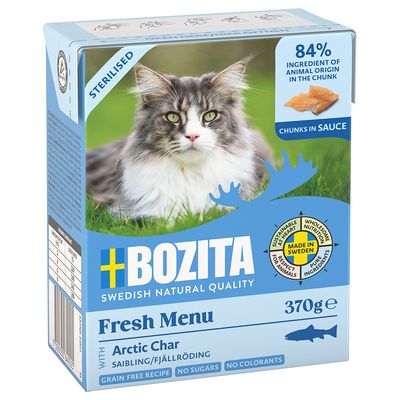 Bozita Fresh Menu nyúl szószban, 370g. 89% állati összetevő darabokban. Gabonamentes, cukormentes, színezék nélkül. Svédországban készült tiszta összetevőkből.
