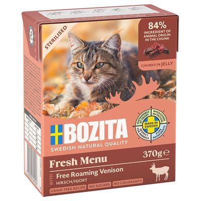 Bozita Fresh Menu atlanti-óceáni tőkehallal, 370g. 89% állati összetevő darabokban, Svédországban készült, gabonamentes, cukor és színezék nélkül.