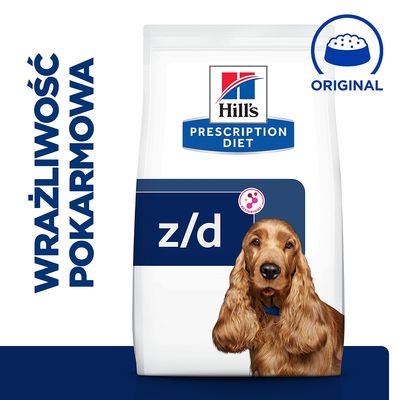 Hill's Prescription Diet z/d karma dla psów, napis: WRAŻLIWOŚĆ POKARMOWA, symbol miski z napisem ORIGINAL, zdjęcie psa na opakowaniu.