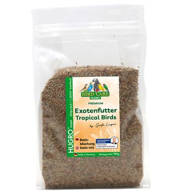 Hugro Bird Care Premium egzotikus madáreleség Tropical Birds, alapkeverék, made in Germany, nettó tömeg 700g, Günter Langer, 50 éves tapasztalattal rendelkező madáreleség-szakértő ajánlásával.