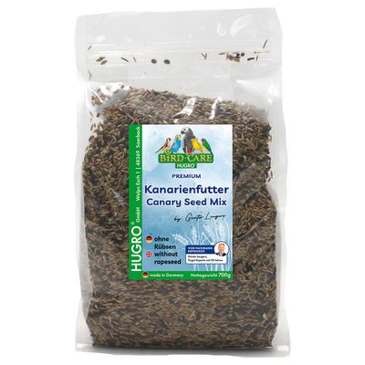 Bird-Care Hugro Premium kanári eleség, rübsen nélkül, fejlesztette Günter Lengner, nettó tömeg 700g, made in Germany.