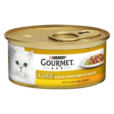 Lata de comida para gatos Purina Gourmet Gold. Texto visible: Zarte Häppchen in Sauce, mit Huhn und Leber. Imagen de un gato blanco y plato con trozos en salsa.
