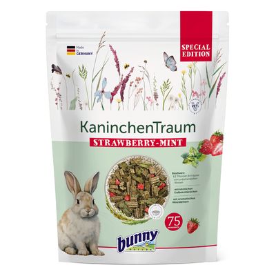 Bunny KaninchenTraum Strawberry-Mint, Special Edition, Made in Germany, eperdarabokkal és mentalevelekkel, 75 összetevő, biodiverz: 65 növény és gyógynövény.