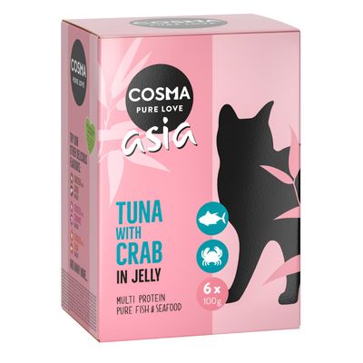 Cosma Pure Love Asia Tuna with Crab in Jelly, 6×100g, multi protein, pure fish & seafood feliratú macskaeledel csomagolás látható.
