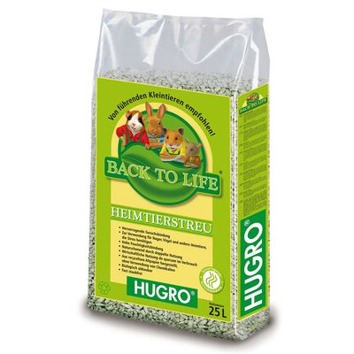 HUGRO Back to Life lecho para mascotas, recomendado para pequeños animales. Propiedades: excelente control de olores, alta absorción, biodegradable, casi sin polvo. Contenido: 25L.