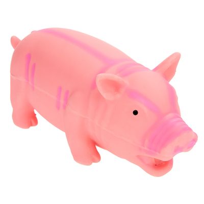 Dos juguetes para perros con forma de cerdo, uno rosa y otro marrón, ambos de material plástico. El cerdo marrón tiene un aro metálico visible en la nariz.