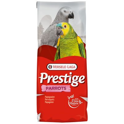Versele-Laga Prestige Parrots, papagáj eledel 100% Pure Nature. A csomagoláson két papagáj látható: egy szürke és egy zöld sárgafejű amazon papagáj.