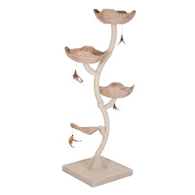 Cat tree with four levels made of woven natural material, hanging feather toys and padded resting areas. Black and white cat sitting on the top level.
