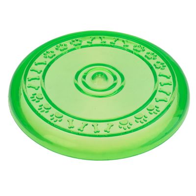 Frisbee de plástico verde con borde decorado con huesos y huellas, apto para juegos de lanzar.