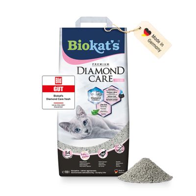 Biokat's Premium Diamond Care Fresh Katzenstreu mit Aktivkohle, Aloe Vera und Babypuderduft. Klumpstreu für 54 Tage Frische, Made in Germany.