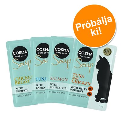 Cosma Pure Love Soup tasakos macskaeledel: Chicken Breast with Pumpkin, Tuna with Carrots, Salmon with Courgettes, Tuna and Chicken with Sweet Potatoes. Próbálja ki!