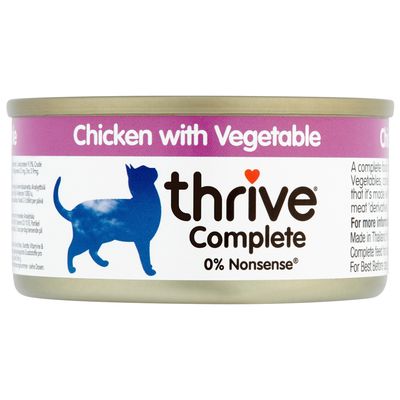 thrive Complete Chicken Breast 24 x 75g tins, yellow and white packaging with blue cat silhouette, visible text: 0% Nonsense