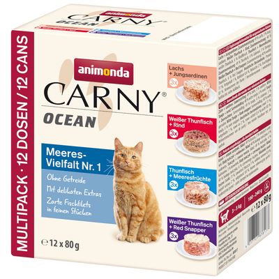 Animonda Carny Ocean tengeri válogatás Nr. 1, 12 x 80g multipack. Gabonamentes, omlós halfilé darabok. Változatok: lazac+fiatal szardínia, fehér tonhal+marha, tonhal+tenger gyümölcsei, fehér tonhal+vörös snapper.