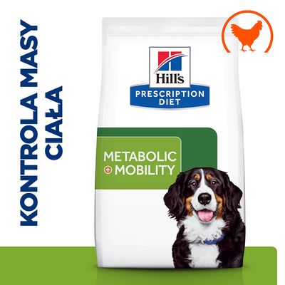 Hill's Prescription Diet Metabolic + Mobility karma dla psa, kontrola masy ciała, opakowanie z psem i ikoną kurczaka, widoczny napis METABOLIC + MOBILITY.