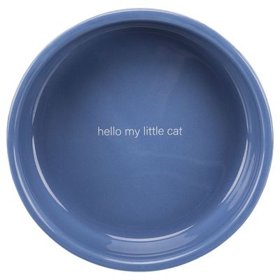 Blauer Futternapf mit der Aufschrift 'hello my little cat'.