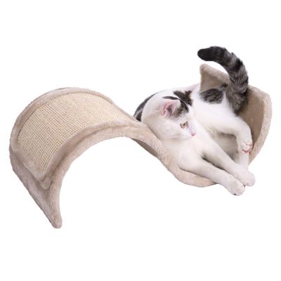 Wave-shaped scratching furniture with sisal surface and soft padding, cat lying on it.