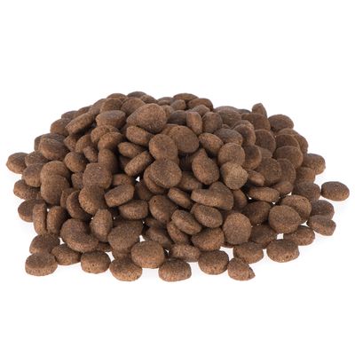 Piezas redondas de pienso marrón apiladas sobre fondo blanco.