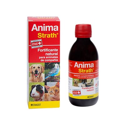 Anima Strath, complemento natural para mascotas. El envase muestra un perro, un gato, un conejillo de Indias y un pájaro. Energía y vitalidad. Fabricante: Stangest.