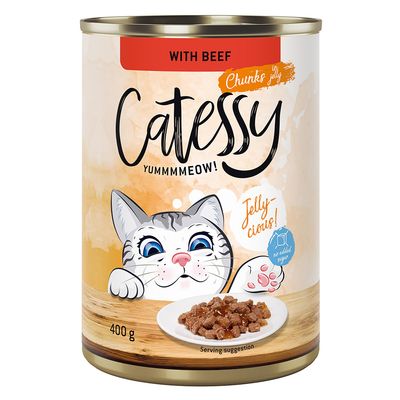 Catessy macskaeledel csirkehússal, 400 g konzerv. Csomag: 12×400 g. Feliratok: With Chicken, Jelly-cious!, no added sugar, YUMMMMEOW!