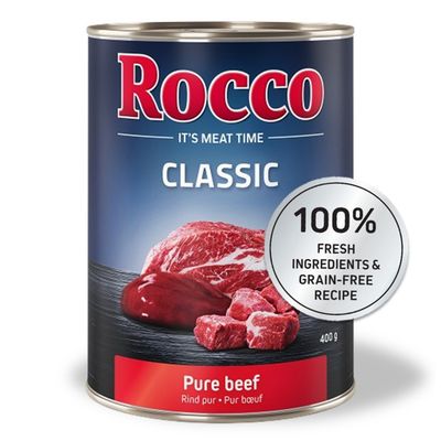 Rocco Classic Pure Beef, 400 g konzerv. 100% friss összetevők és gabonamentes recept.