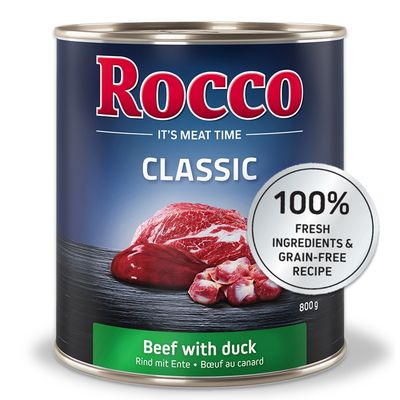 Rocco Classic marha kacsával, 800 g konzerv. 100% friss összetevők és gabonamentes recept.