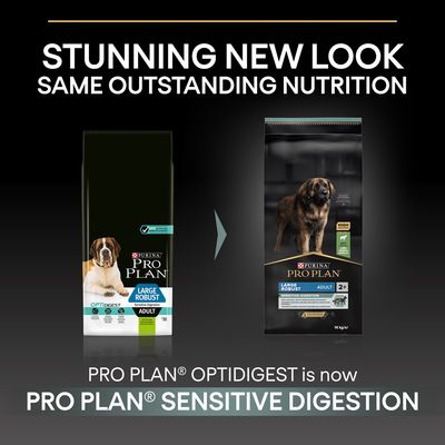 Purina Pro Plan Large Robust Adult kutyatáp csomagolásváltás: Optidigest helyett Sensitive Digestion. Felirat: Stunning new look, same outstanding nutrition.