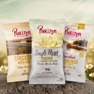 Purizon karma dla kotów: Chicken with Fish, Single Meat Chicken with Camomile Blossoms, Specialised Sterilised. 70% białka, bez zbóż. Wyprodukowano w Niemczech.