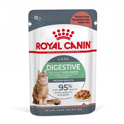 Royal Canin Digestive macskaeledel tasak, vékony szeletek pecsenyelében. Szöveg: Segít támogatni az egészséges emésztést, 95% healthy stool quality in 10 days.