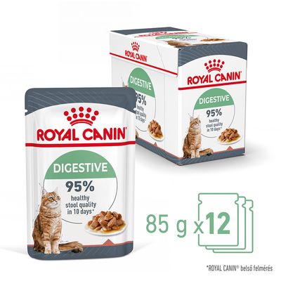 ROYAL CANIN Digestive macskaeledel, 12 x 85 g tasak. Csomagoláson: 95% healthy stool quality in 10 days*. Macskás illusztráció és tál eledellel látható.