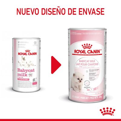 Comparación de envases antiguos y nuevos de Royal Canin Babycat Milk. Texto: 'Nuevo diseño de envase'. Ambos muestran latas con imágenes de gatitos y el nombre del producto.
