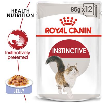 Royal Canin Instinctive macskaeledel, 85 g x 12 tasak, jelly. Csomagoláson: Health Nutrition, Instinctively preferred, macskás illusztráció, tálban zselés eledel.