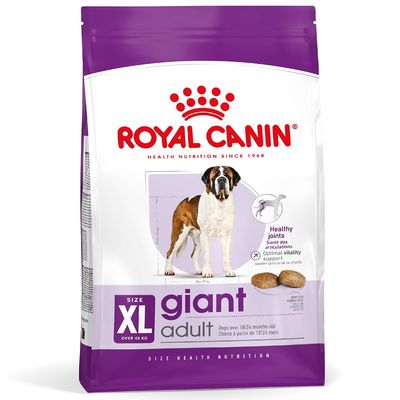 Royal Canin XL giant adult kutyatáp csomagolás, felnőtt óriás testű kutyáknak 45 kg felett, lila-fehér zacskó, látható táp szemek és bernáthegyi kép.