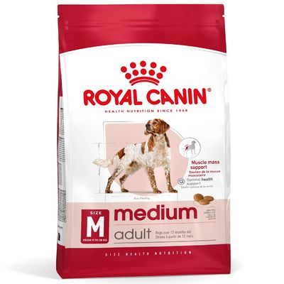 Royal Canin medium adult kutyatáp, M méret 11–25 kg, Muscle mass support, Dogs over 12 months old, optimal health support feliratok láthatók a csomagoláson.