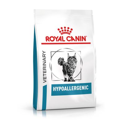 Royal Canin Veterinary Hypoallergenic macskaeledel, csomagolás macska képével és hipoallergén tulajdonságokkal.