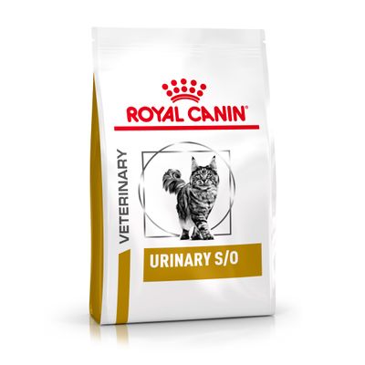 Royal Canin Veterinary Urinary S/O macskaeledel, csomagolás macska képével és aranyszínű dizájnnal.