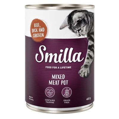 Smilla Mixed Meat Pot, marha, kacsa és csirke. Taurint tartalmaz, gabonamentes, 400g. Made in Germany.