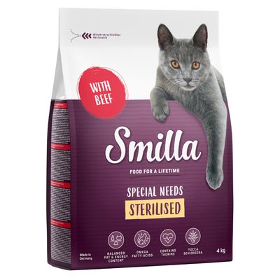 Smilla hrana za sterilizirane mačke, s govedinom, uravnotežen udio masti i energije, omega masne kiseline, s taurinom, Yucca Schidigera, ponovno zatvaranje, 4 kg, Made in Germany.