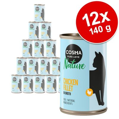 Pack de 12 latas de 140 g Cosma Pure Love Nature Chicken Fillet in Broth, 100% natural ingredients. Imagen de lata con silueta de gato y texto en inglés.