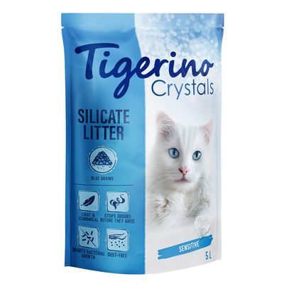 Tigerino Crystals Silicate Litter, pink grains, sensitive, 5L. Features: lightweight & economical, stops odours, inhibits bacterial growth, dust-free.