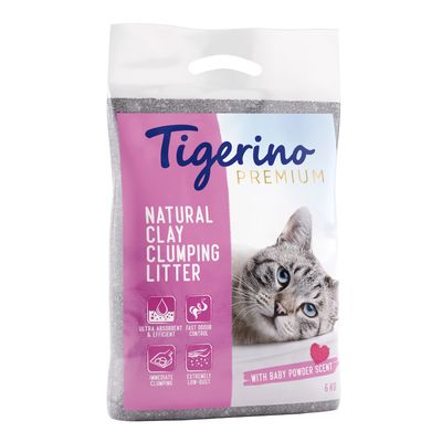 Tigerino Premium Natural Clay Clumping Litter, s mirisom baby pudera, 6 kg. Vidljivi piktogrami: ultra upijajuće, brzo uklanjanje mirisa, trenutno zgrudnjavanje, vrlo malo prašine.